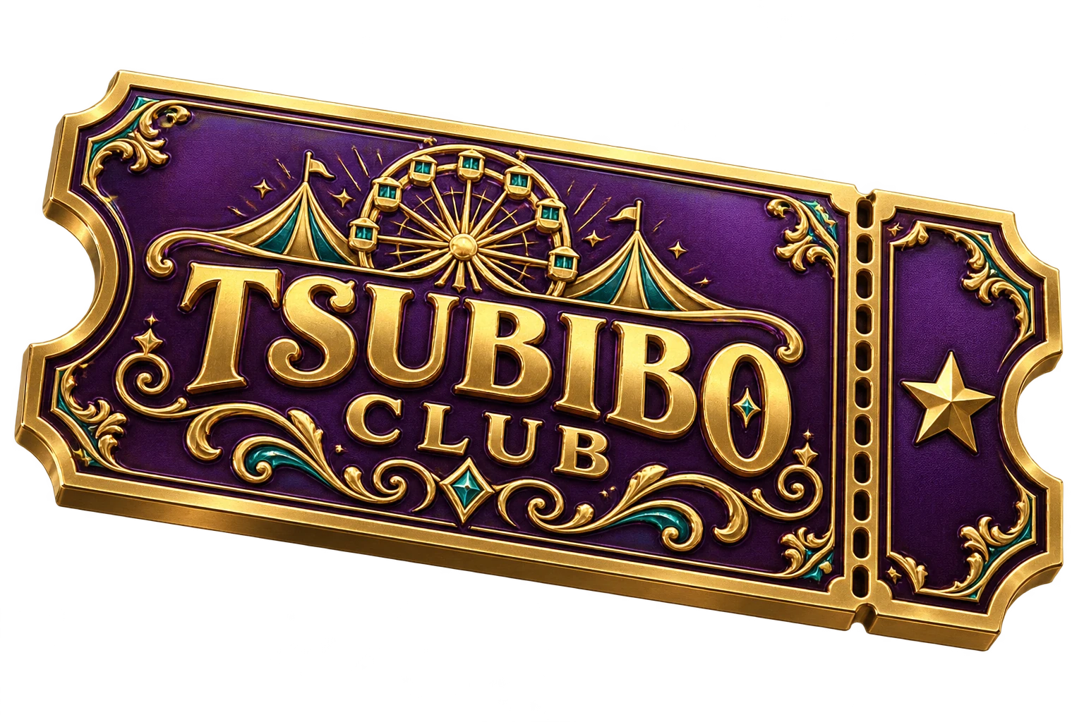 Premium Tsubibo Club ticket na may gold embossed Ferris wheel at purple finish